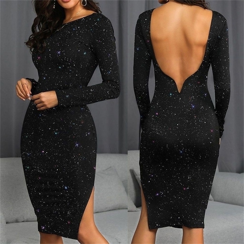 Glitter Open Back Winter Long Sleeve Bodycon Dress Women Sexy Sequined Black Party Night Club Dress Split Pencil Dress 201008