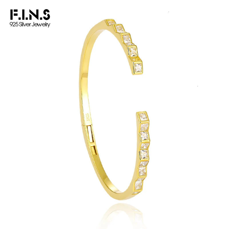 F.I.N.S Temperament Geometric Square Zircon S925 Sterling Silver Gold Opening Bangles for Women Minimalist Hand Fine Jewelry 240624