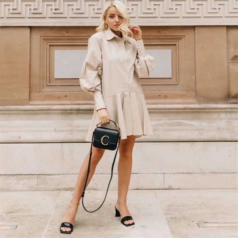 Women Dress 100% Cotton Collared Shirt-style Long Puff Sleeves Ruffled Hem Short Dress Fashion elegant Woman Dress 210709