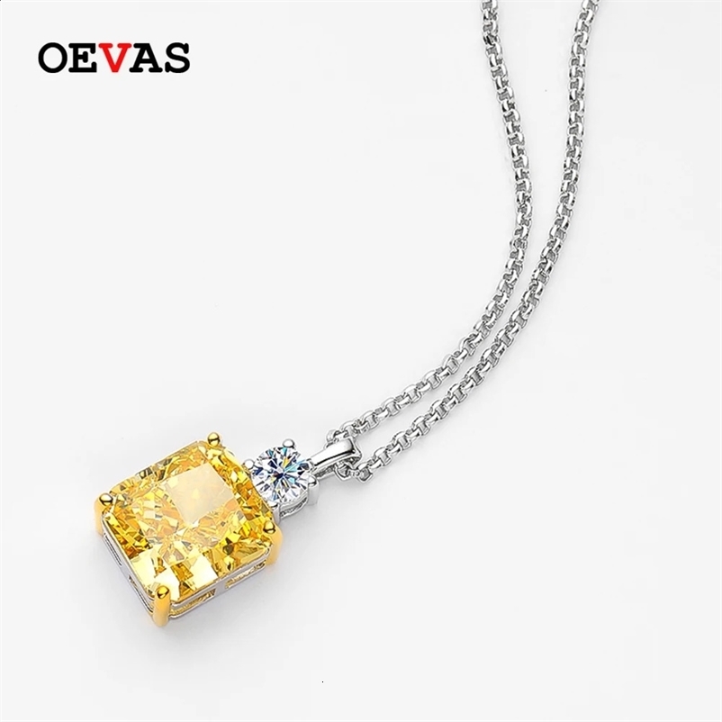 OEVAS 100% 925 sterling silver 9 * 10mm yellow ice cut yellow jade high carbon diamond pendant necklace suitable for womens party exquisite jewelry2