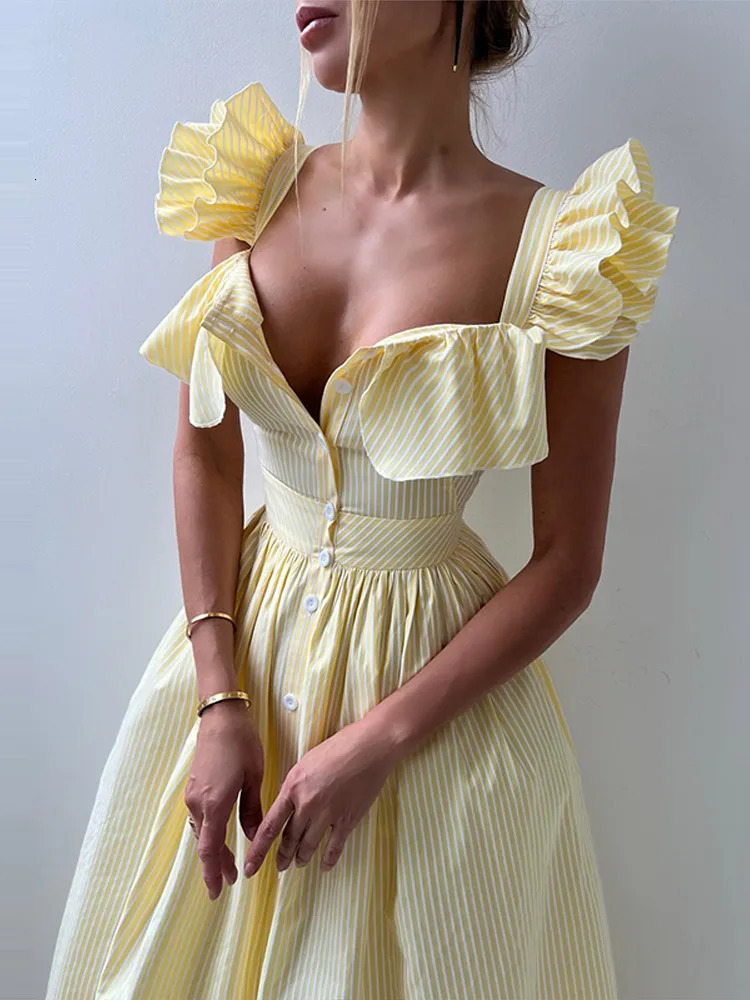 Solid Striped Fly Sleeve Women s Dress Solid V-neck Single Breasted Draped Front Split Dressess Female Summer Lady Party Robes 250804
