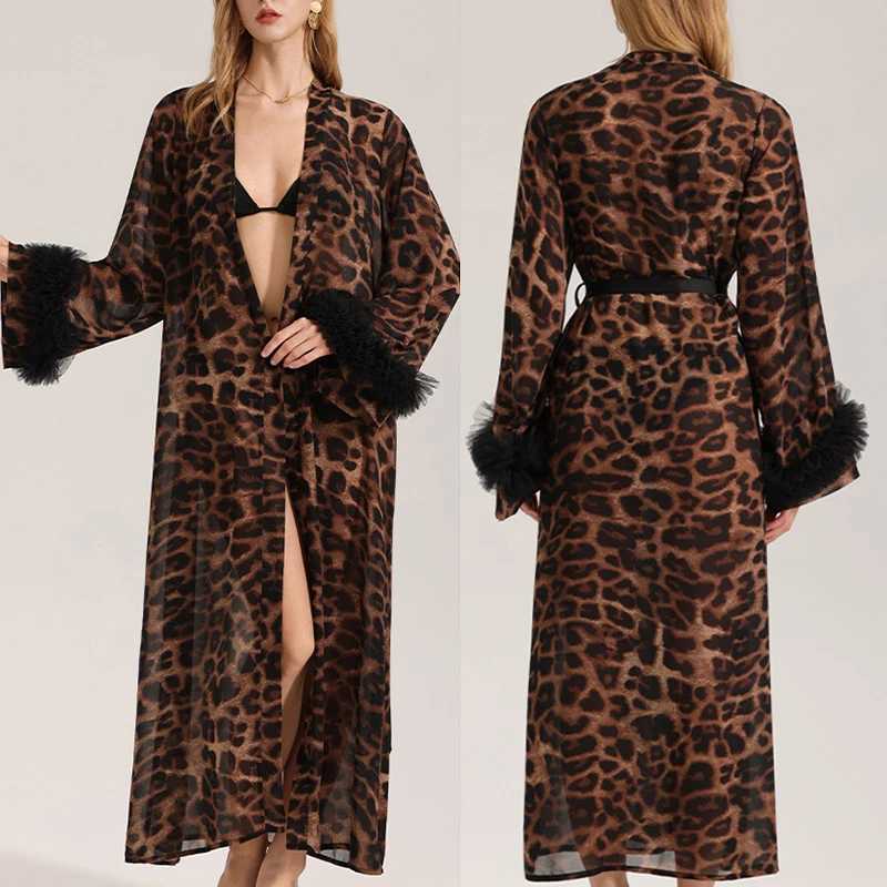 Fashion Leopard Women Long Robe Home Dress Sexy Lace Kimono Bathrobe Yukata Gown Summer Female Nightwear Nightgown Lingerie Z250924