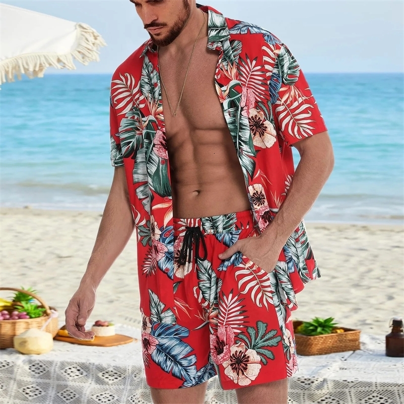 Mens Fashion Print Sets Lapel Short Sleeve Casual Shirt Beach Shorts 2pc/Set Summer Vacation Hawaiian Suits Leisure Ouotwear 240513