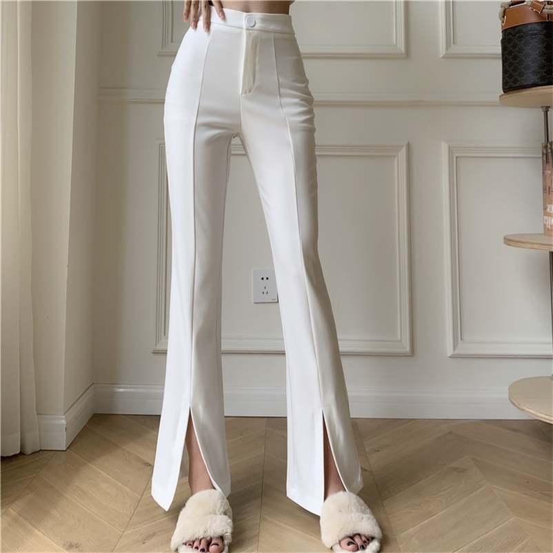 Women's Pants Capris QOERLIN Micro-Flared Pants Women's High Waist Slim Casual Chic Wide Leg Split Trousers Elegant Black White Suits Pant