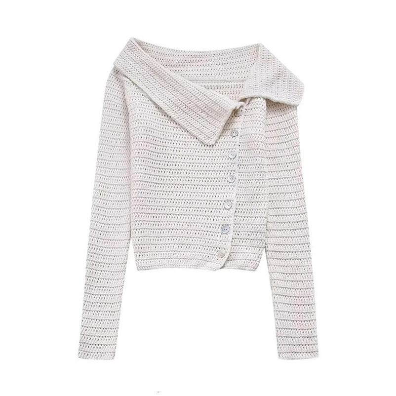 Ladies Fashion Asymmetrical Turn-Down Collar Knitted Hollow Out Cardigans Women Long Sleeve Single Breasted Casual Sweaters 240703
