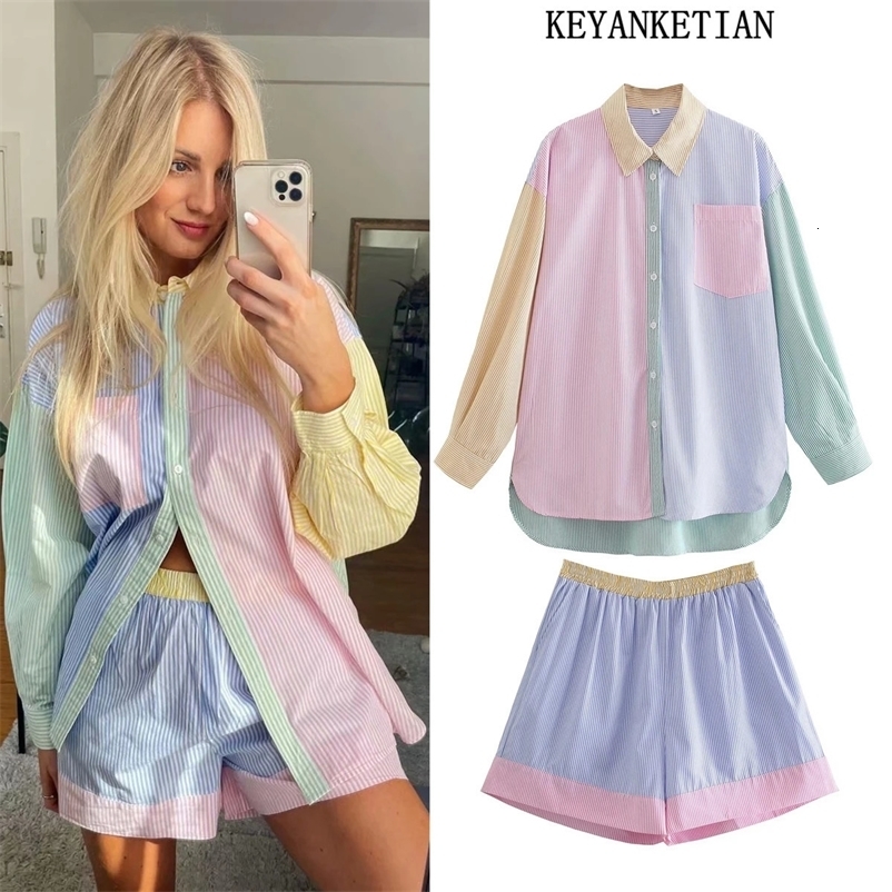 KEYANKETIAN womens fashion hit color striped print top ladies buttoned casual top shorts shirt two-piece summer 240423