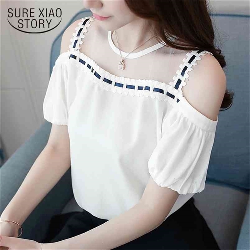 Summer Casual Lace Chiffon Shirt Women Blouses Short Sleeve Patchwork Strapless Lantern Tops Blusas D888 30 210506