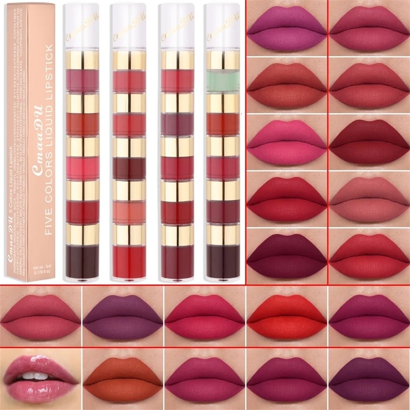 Portable 5-in-1 Travel Outfit Matte Lipstick BeautyLip Gloss LippenstiftTinted Balm Lipstick Makeup 240626