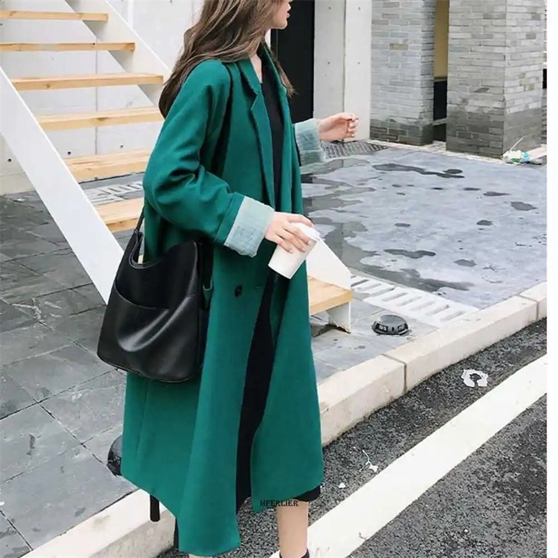 Plus Size 6XL 150kg sale Autumn Womens Trench Coat Female Long Suit long sleeve Lady Trend Casual Green Blakc Jacket 240813