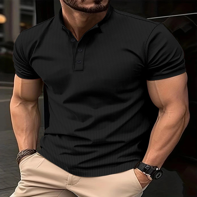 Summer Selling Mens Henry Shirt Crewneck Button Short Sleeve Solid Color SlimFit Clothing Sports Fitness Top 241120
