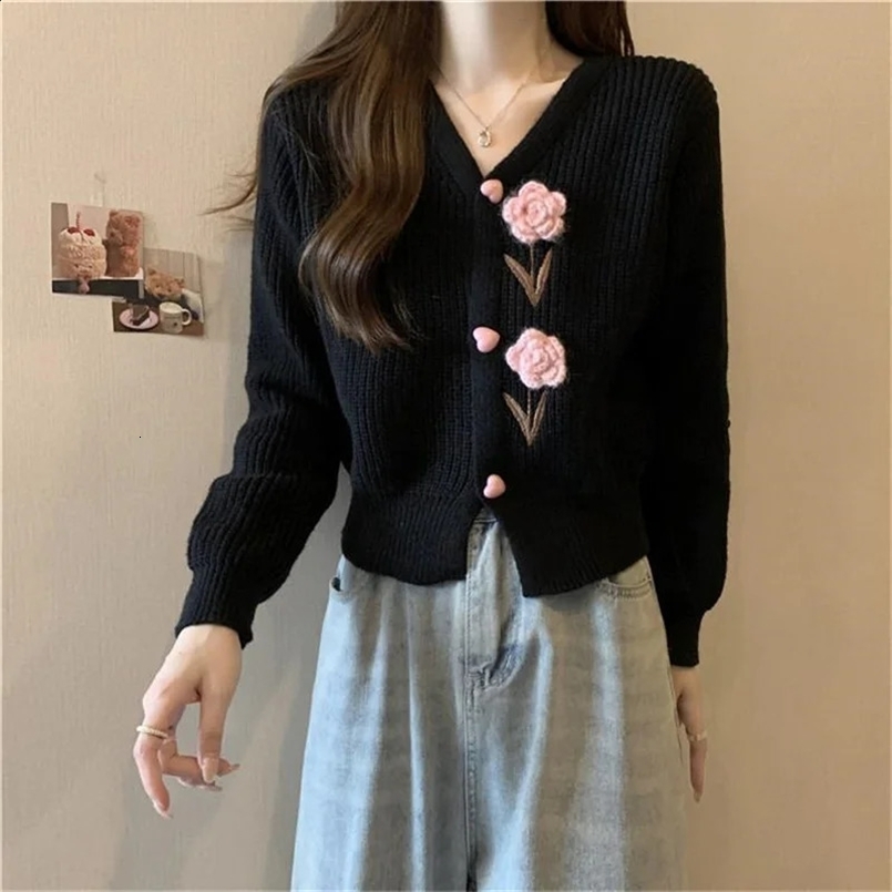 Heavy Industry Beautiful Flowers Knitted Cardigan Sweater Women Slim In Autumn And Winter With Small Cardigan V-neck Short Coat 240724