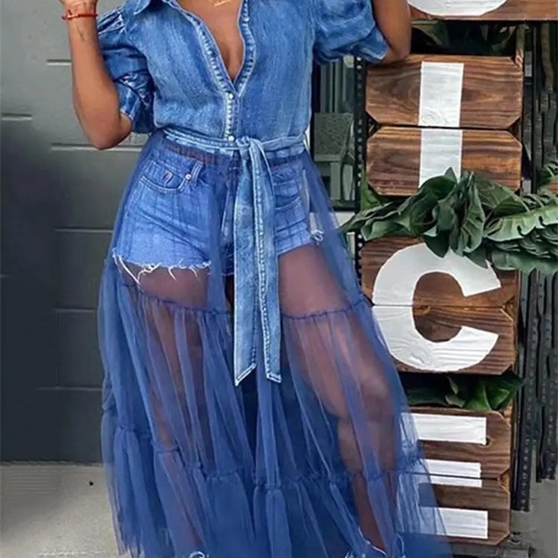 Plus Size Dresses Women Clothing Elegant Shirt Long Denim Dress Mesh Patchwork Ladies Jeans Dress Wholesale Bulk Drop 240810