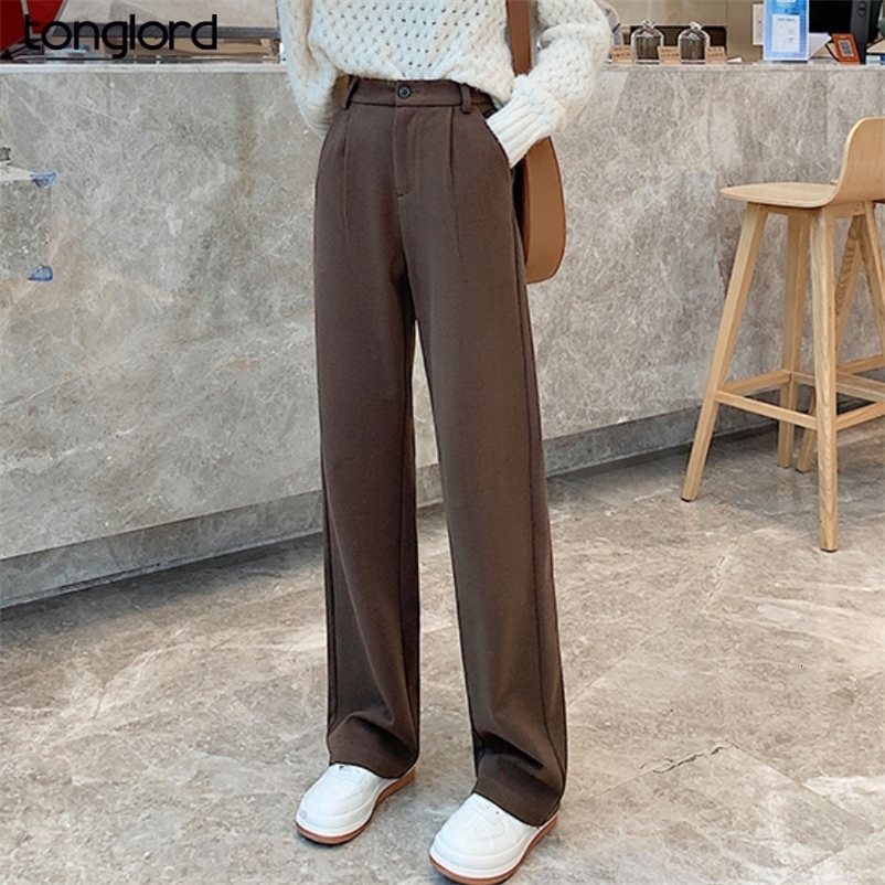 Women's Pants Capris Women Wool Wide Leg Pants Casual Winter warm Thick Elasit High Waist Woman Lengthen Woolen Pant Female Straight Long Trous