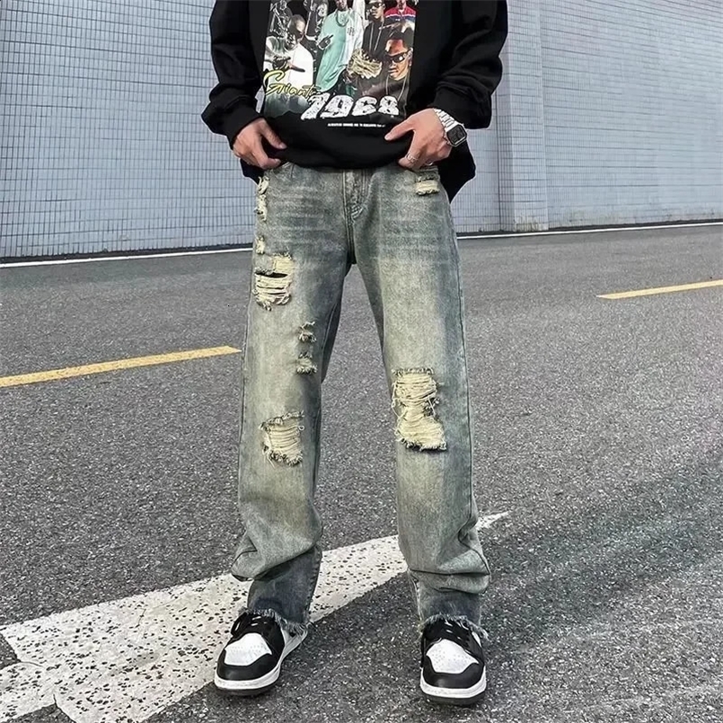 American Style High Street Washing Distressed Hip Hop Loose Fit Straight Leg Jeans For Men Trendy Vintage Casual Scene 240829