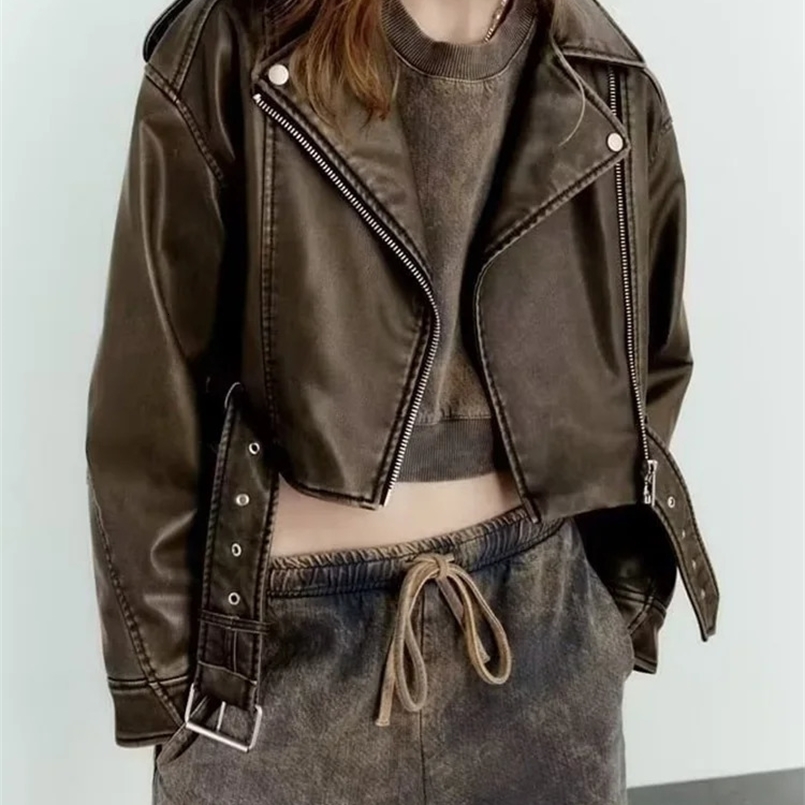 Womens retro loose Pu synthetic leather short jacket with belt streetwear womens zipper retro motorcycle jacket outerwear 240824