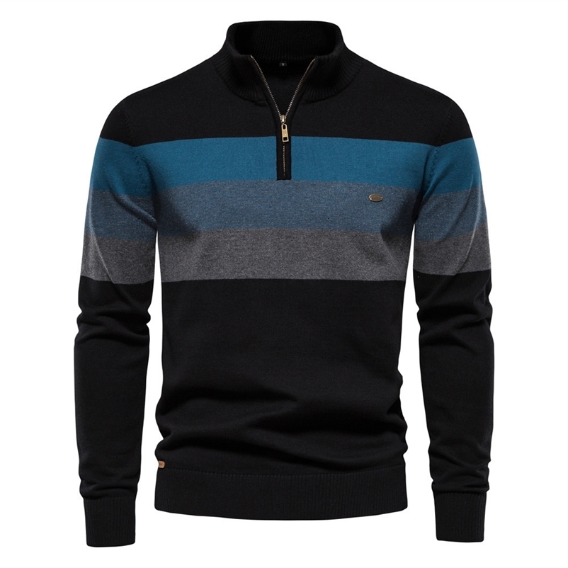 Men's Sweaters Men's sweater Autumn and winter half high collar color matching stripe sweater Men's business casual high-quality knit