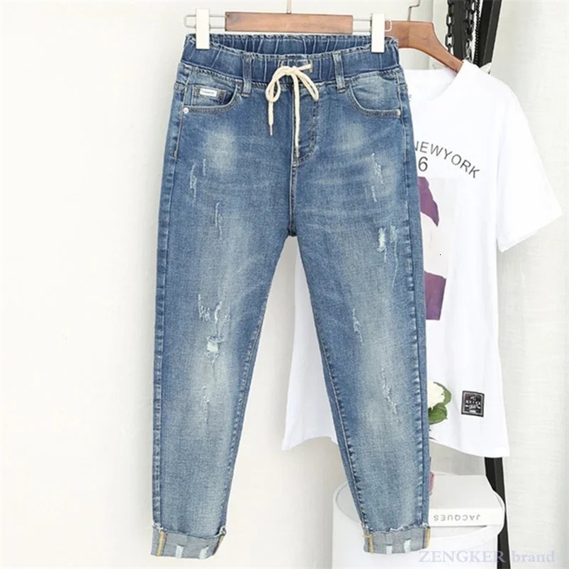 Spring summer plus size jeans womens stretch fat sister nine-point pants were thin high waist pants plus size 5xl 240315