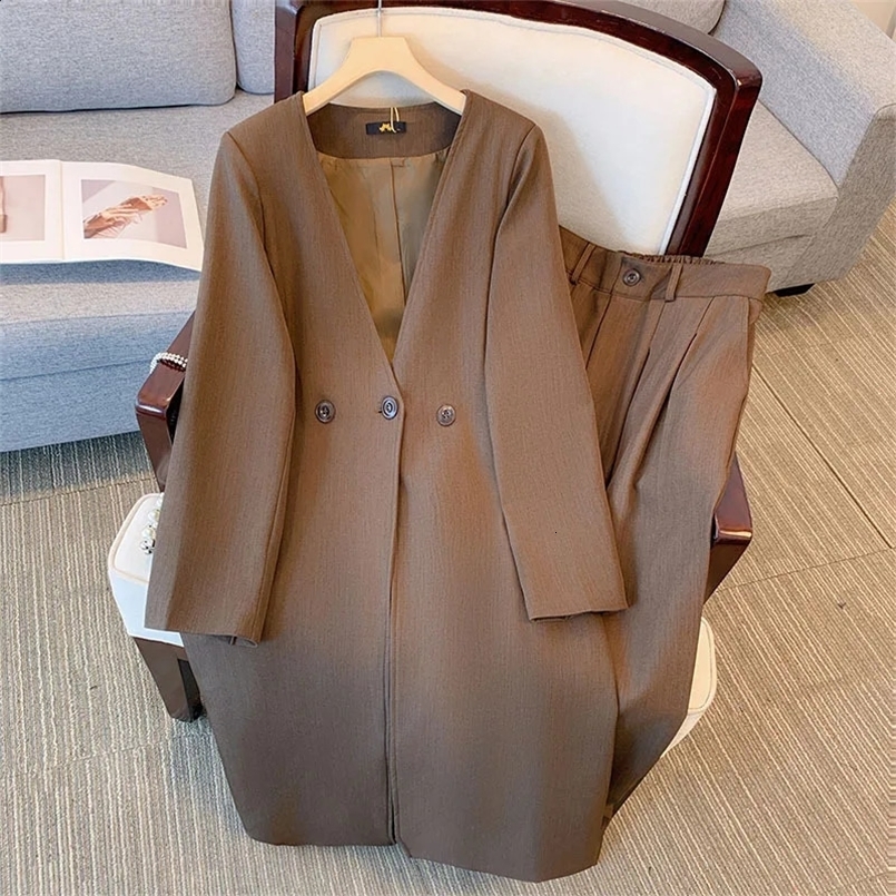 150Kg Plus Size Womens Bust 150 Autumn Suit CoatPants Set Premium Trench Curry 5XL 6XL 7XL 8XL 9XL 240823