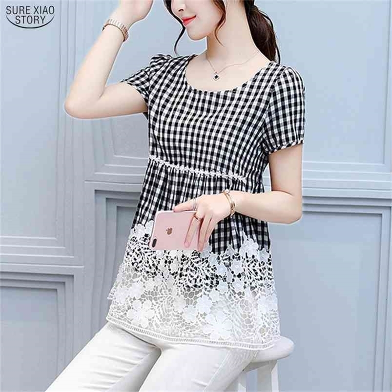 Korean Summer Hollow Out Lace Tops Fashion Short Sleeve Plaid Clothes Women and Blouse Vintage Clothing 8667 50 210506