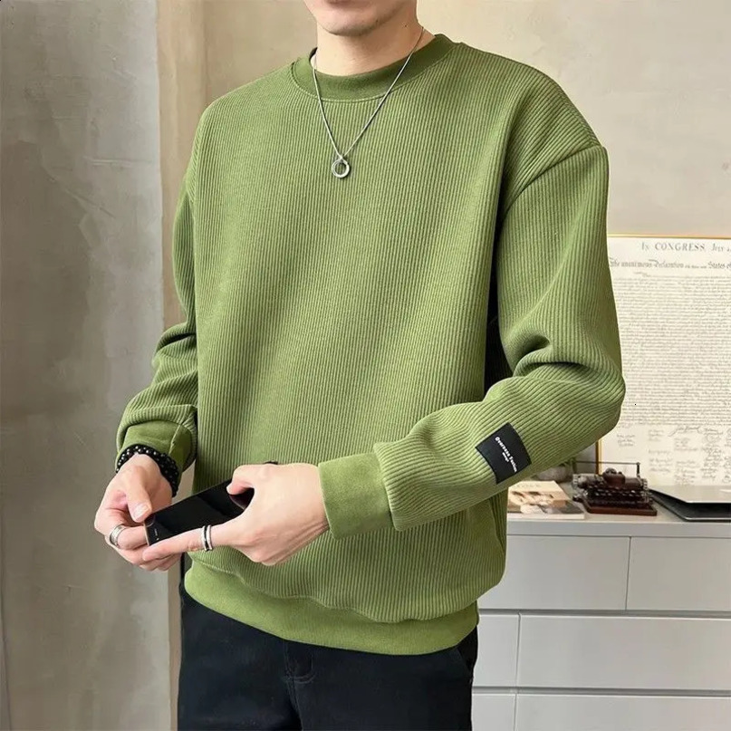 Spring Autumn Fashion Round Neck Long Sleeve Solid Color Sweatshirt Mens Clothing Loose Casual Korean Pullovers Chic Tops 250122
