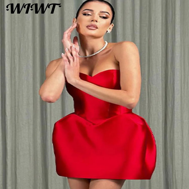 Sexy Strapless Party Dress Women Elegant Red Backless Sleeveless Slim Petal Dresses Female Spring Evening Club Vestidos 240615