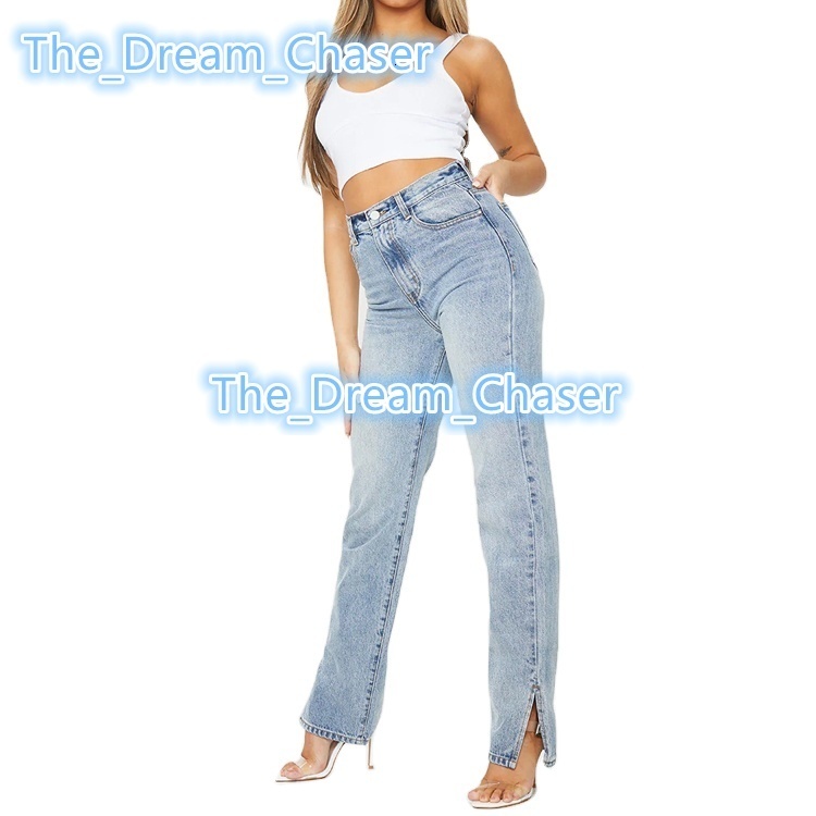 Trendy Vintage Wash High Waist Split Hem Women Casual Straight Leg Jeans Denim Pant