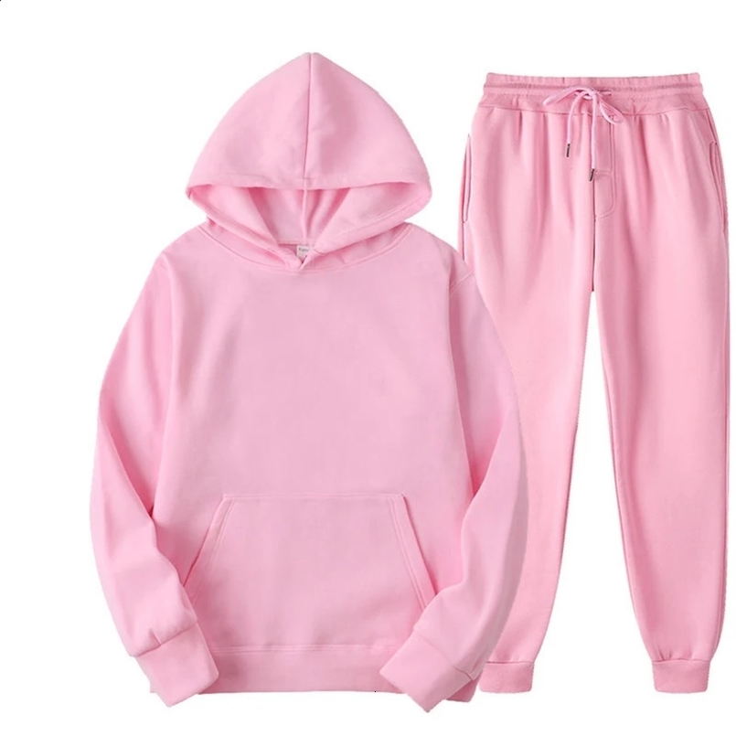 2Pcs Sport Suit Fitness Solid Color Womens Tracksuits Hooded Pullover Sweatpants Sweatshirt Casual Pants Sets Sportswear Male 241017
