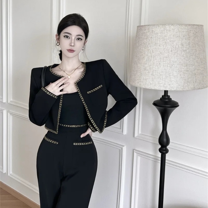 Two Piece Sets Womens Outifits Small Fragrant Suit Black Tweed Coat Blazer Jacket Wide Leg Pants Winter Vintage Clothing 240828