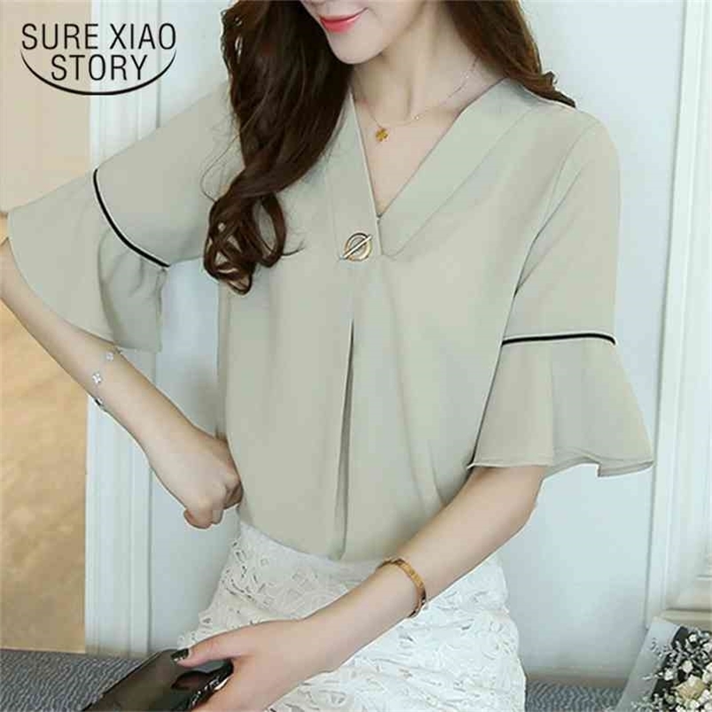 spring plus size chiffon short sleeved blouses women clothing fashion sweet casual v-neck tops D555 30 210506