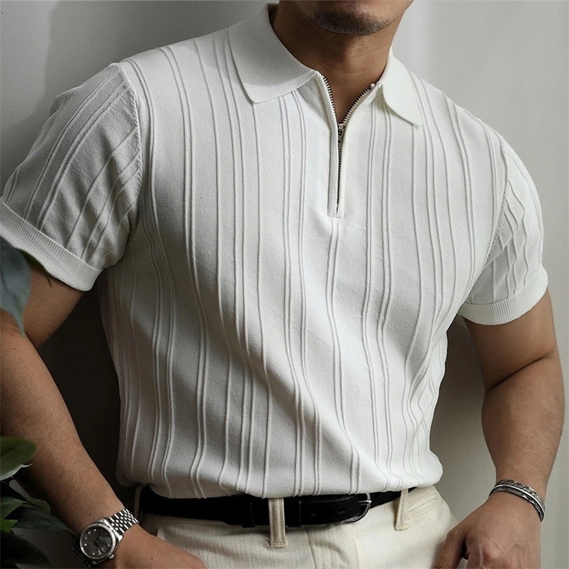 Summer Mens Light Zipper Polo Shirt Korean Solid Color Short Sleeve Retro Fashion Street Clothing Casual Knitted Shirt 250224