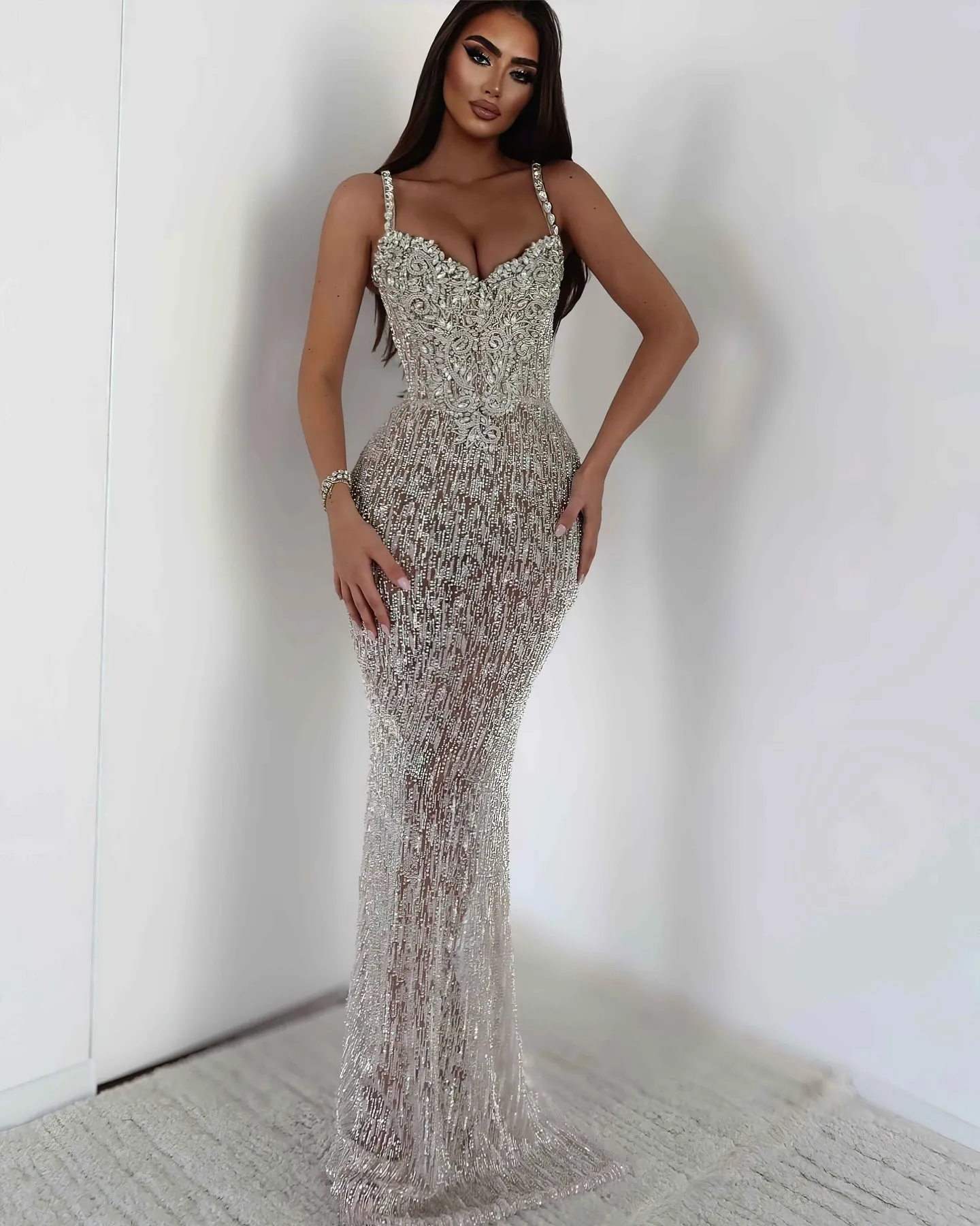 2026 Luxury Silver Sexy Prom Dresses Spaghetti Strap Sequined Lace Arabic Mermaid Illusion Sheer Crystal Beaded Rhinestone Evening Formal Party Gown