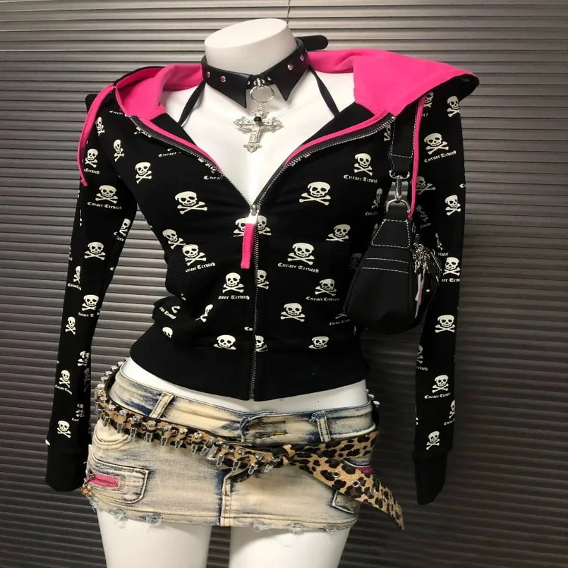 2000s Y2k Gothic Punk Skeleton Print Cardigan Contrast Hooded Sweatshirt Jacket Women Spring Autumn 2025 Slim Fit Black Tops 250403