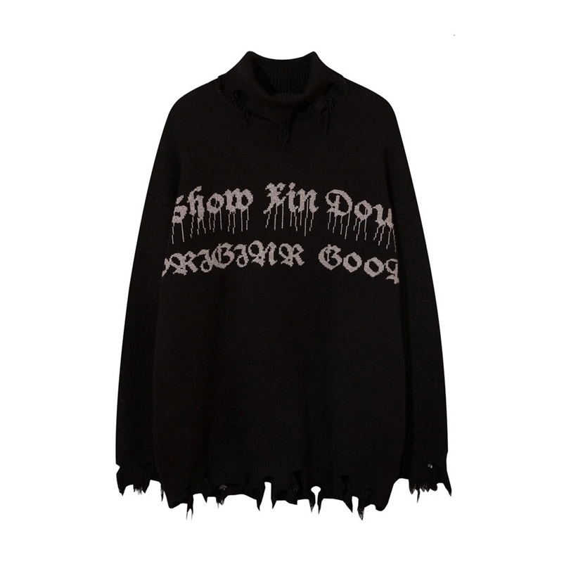 Half High Collar Gothic Women Y2k Knitted Sweaters Oversize Long Sleeve Pullovers Ripped Sweater Harajuku Winter Streetwear Tops 240703