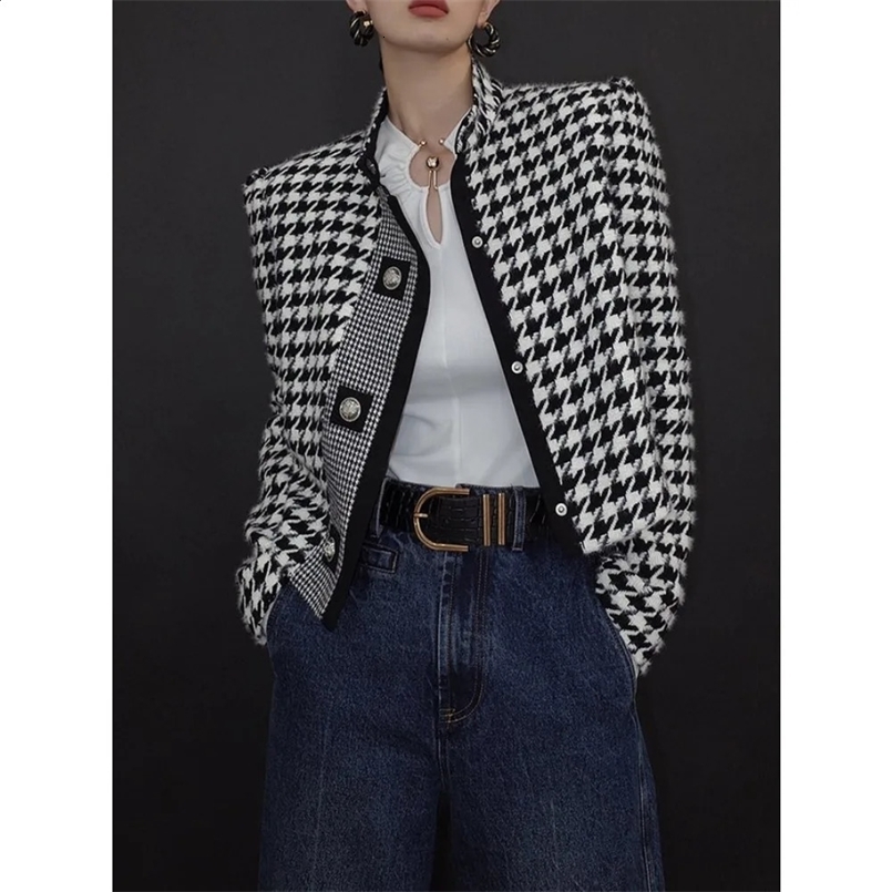 Modigirl Womens Houndstooth Outerwears Jacket Stand Collar Long Sleeves Autumn Winter Fall Clothes Women Classics Coat 240828