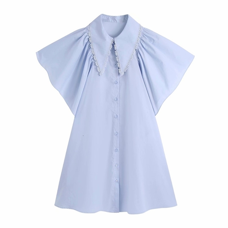 PUWD Sweet Women Turn-down Collar Dress Summer Fashion Ladies College Style Cute Female Solid Color Mini 210522
