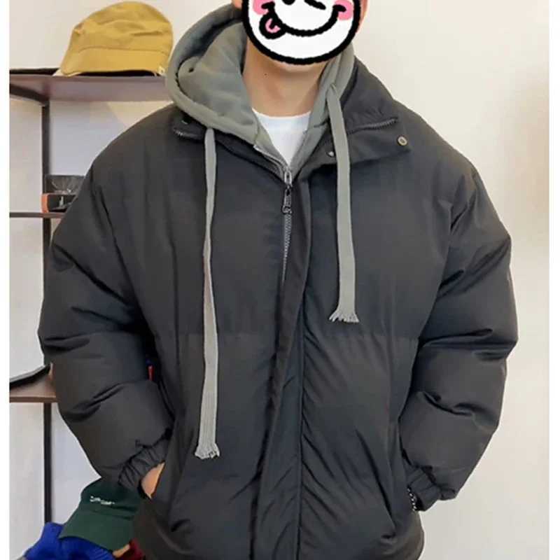 Winter Puffer Jacket Mens Fashion Thicken Fake Two Piece Hooded Parka Jackets Korean Harajuku Patchwork Down Cotton Padded CoatXJ250924