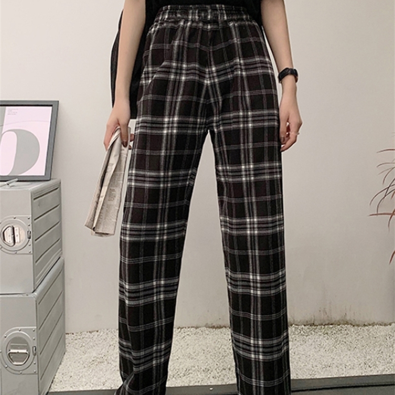 Women's Pants Capris JMPRS Vintage Plaid Pants Women Casual Loose Wide Leg Trousers Ins Retro Teens Straight Trousers Hip-hop All Match Streetw