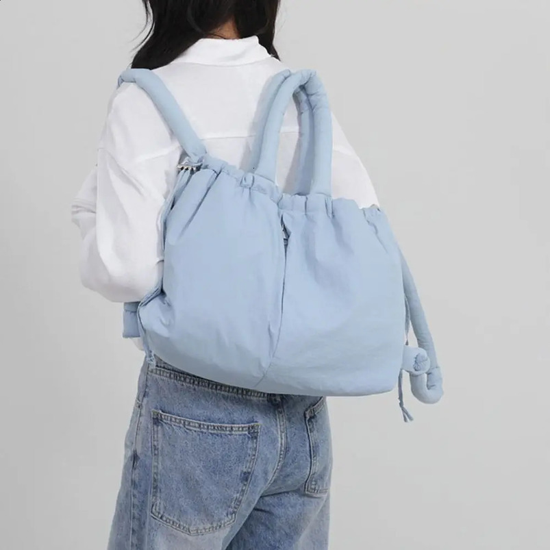 Solid color handle tote bag goldplated tie strap nylon filled dualpurpose large capacity inflatable backpack womens 240826