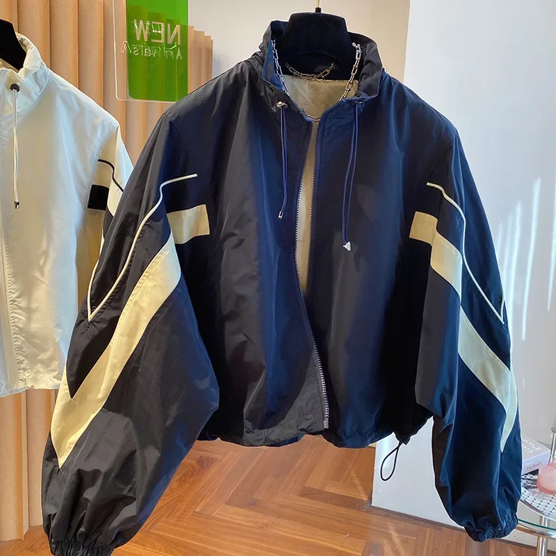 American retro drawstring black and white contrast stitching coat womens autumn loose leisure sports baseball uniform 250922