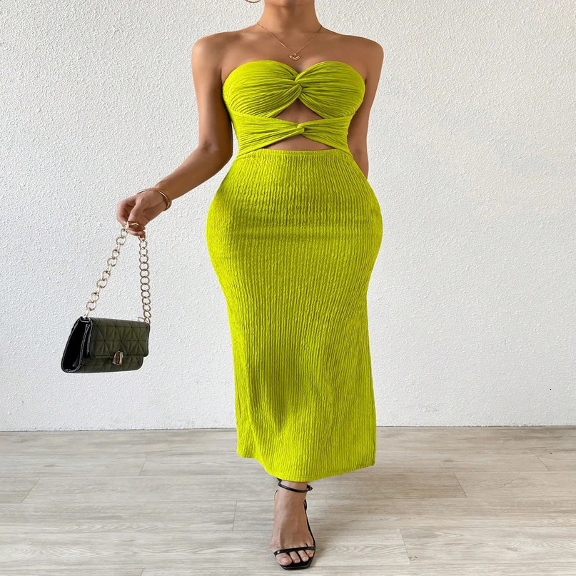 Elegant fashion womens dress strapless sleeveless hollowed out twist sexy hip wrap 250228