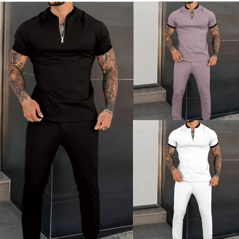 Summer Mens Collar Zipper Short Sleeve Polo ShirtFashionable Ultra Thin Pants Solid Color Casual 2piece Set Sports Shirt 240903