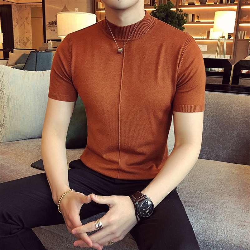Men's Sweaters 7 Colors Half High Collar Men T-shirt Spring Short Sleeve Solid Color Sweater Pullover T Shirt Slim Knitted Tees Top 230816