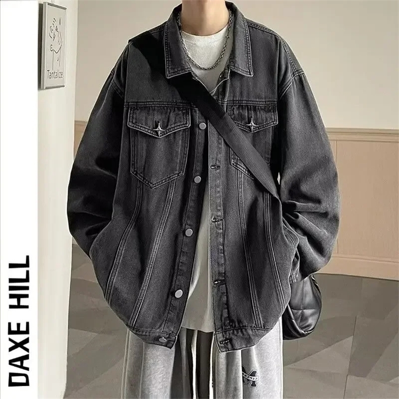Trendy Denim Jacket For Men Loose Fit Casual Clothing Spring Autumn Washing Black Blue Cotton Coat Thin Material Regular Length 240829