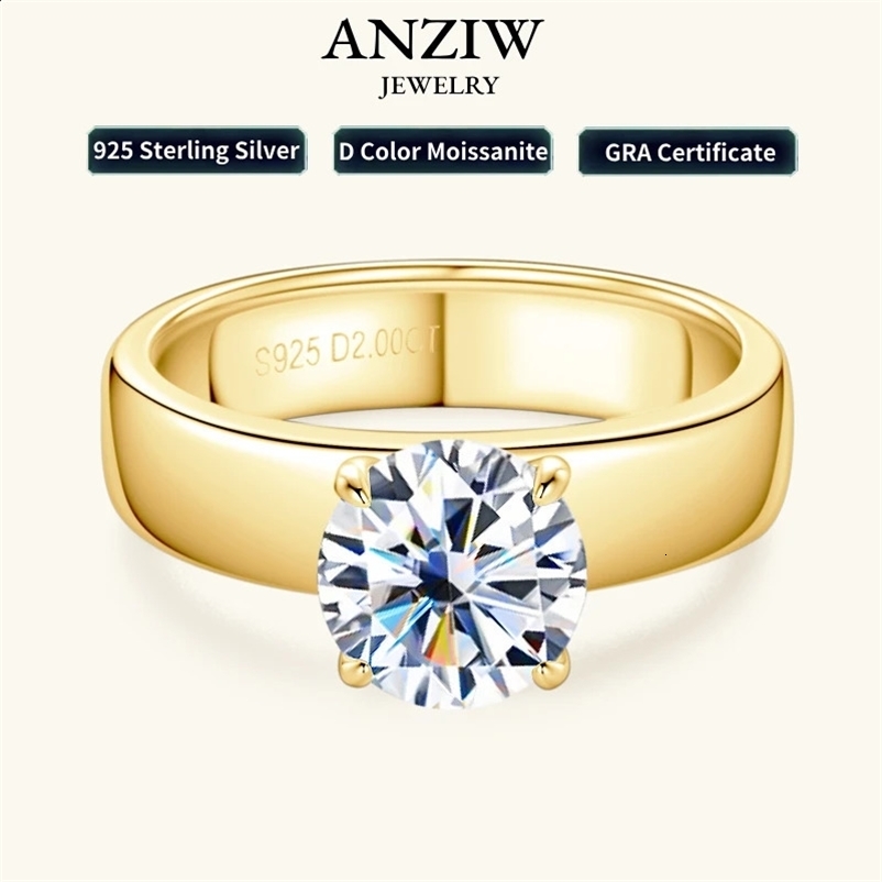 Anziw 18k gold-plated 925 silver 2ct 8mm silica ring suitable for couples women men short and chubby engagement and wedding rings wide finger bands2