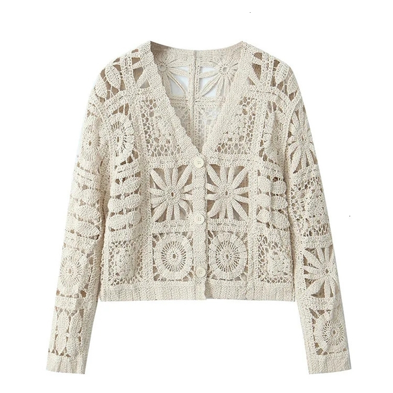 TRAF Summer Fashion Woman Chic Cardigan Solid V-Neck Long Sleeves Female Hollow Out Knit Coat Buttons Crochet Outerwear Top 240703