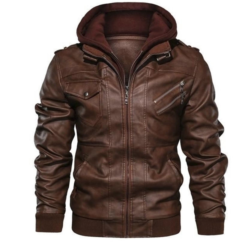 Mens Outwear Bomber Vintage Autumn Black PU Leather Casual Jacket Slim Fit Motorcycle Biker Coats Removable Hood 210818