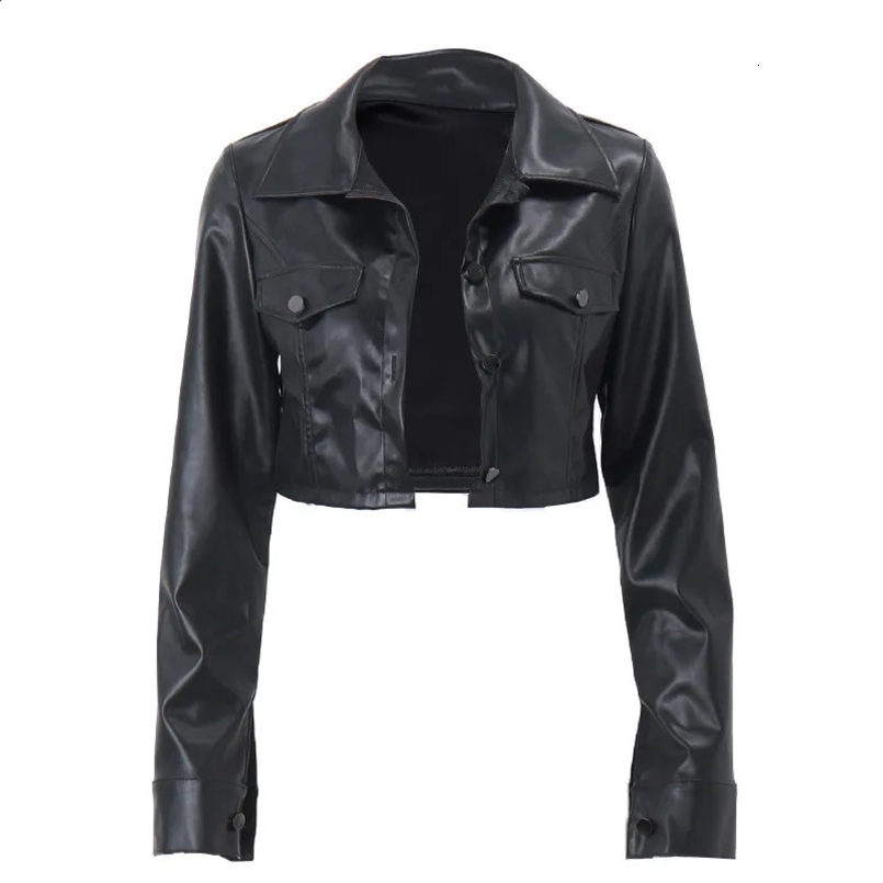 In Autumn Sexy Streetwear Black Short Leather Jacket For Women Slim Turn-Down Collar Single Breasted Crop Outerwears 240725