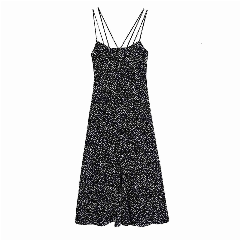 Women Print Dress Spaghetti Strap Backless Mid-Calf Dresses Chic Lady Fashion Casual Clothes 210517