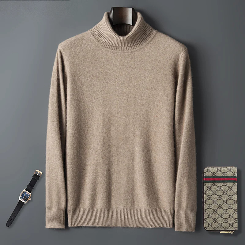 Mens 100% Mink Cashmere Sweater Autumn Winter High Lapels Pullovers Thickening Knitwear Long Sleeve Basic Tops High-End Jumpers 250804