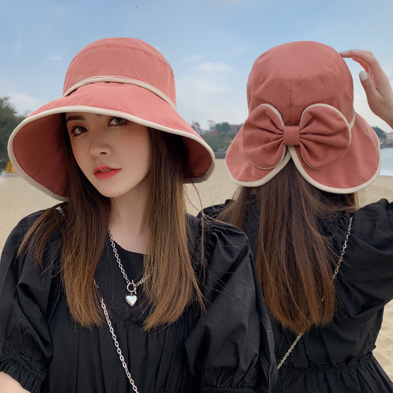 Wide Brim Hats Bucket Women s Spring Summer Foldable Travel Hat Korea Version Sun Casual Bow Tie Fisherman 230629